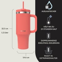 Pahar termoizolant Contigo 1200 ml cu mâner și pai, culoarea coral, bidon de apă cu izolație în vid, fără BPA, menține băuturile reci timp de 29 de ore 2