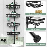 Cooeco Telescopic fúrás nélküli zuhanypolc 4 rekesszel, fekete színben, kosaras fürdőszoba polcrendszer 5