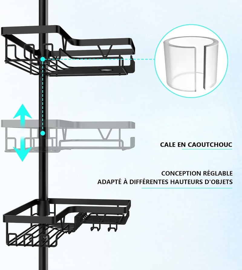 Cooeco Telescopic fúrás nélküli zuhanypolc 4 rekesszel, fekete színben, kosaras fürdőszoba polcrendszer