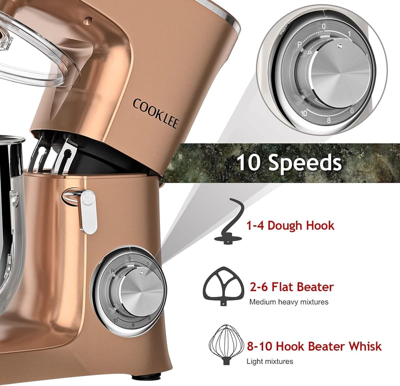 COOKLEE Elektromos Robotgép 3-in-1 Konyhai Mixer 8L 1500W 10 Fokozat Dagasztó Habverő Champagne Színű