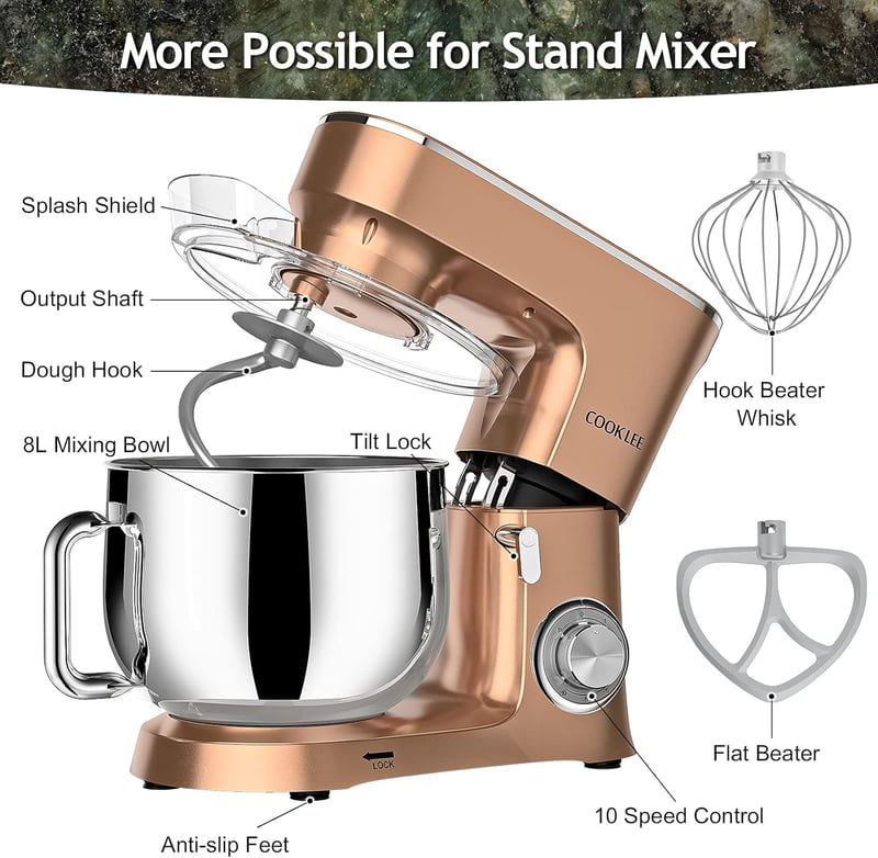 COOKLEE Elektromos Robotgép 3-in-1 Konyhai Mixer 8L 1500W 10 Fokozat Dagasztó Habverő Champagne Színű