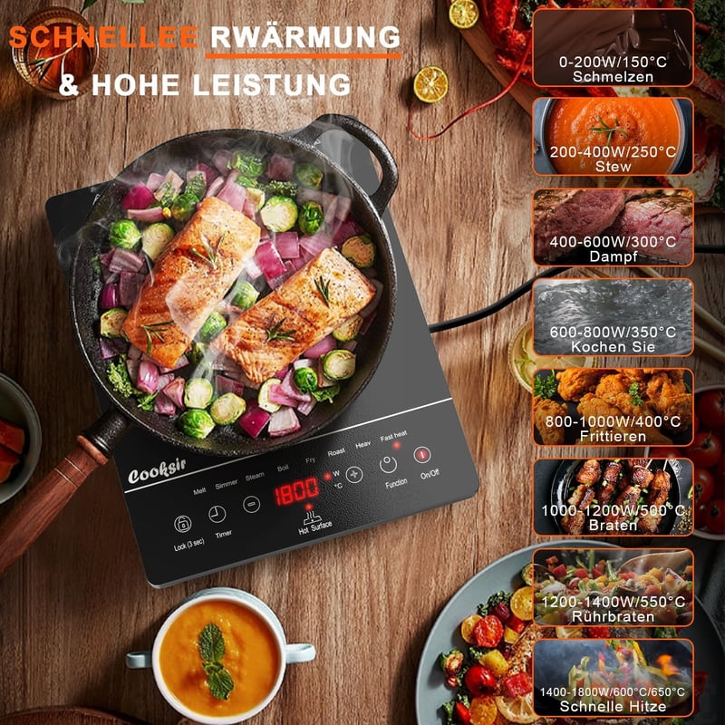 Cooksir 2000W Üvegkerámia Főzőlap Hordozható Infravörös Elektromos Tűzhely