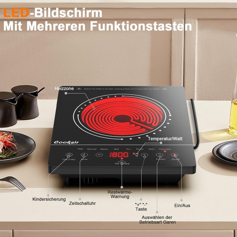 Cooksir 2000W Üvegkerámia Főzőlap Hordozható Infravörös Elektromos Tűzhely