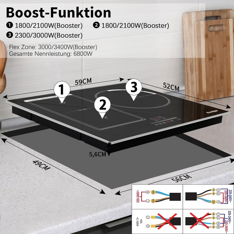 Cooksir 60 cm beépíthető indukciós főzőlap 3 zónás 6800W Flex Zone grillezéshez - 60CM | 3 Platten | B36806-F1