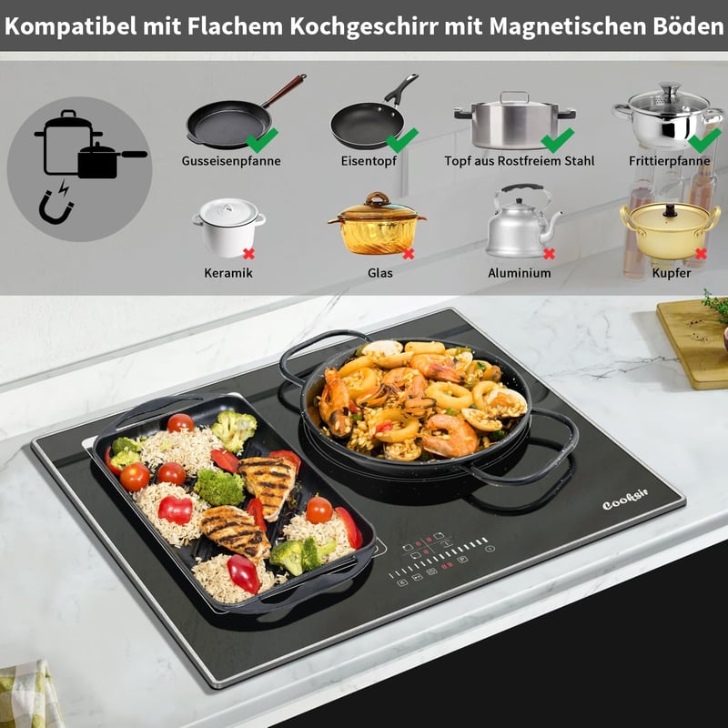 Cooksir 60 cm beépíthető indukciós főzőlap 3 zónás 6800W Flex Zone grillezéshez - 60CM | 3 Platten | B36806-F1
