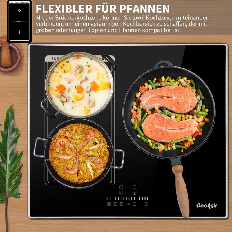 Cooksir 60 cm beépíthető indukciós főzőlap 3 zónás 6800W Flex Zone grillezéshez - 60CM | 3 Platten | B36806-F1