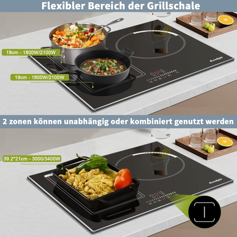 Cooksir 60 cm beépíthető indukciós főzőlap 3 zónás 6800W Flex Zone grillezéshez - 60CM | 3 Platten | B36806-F1