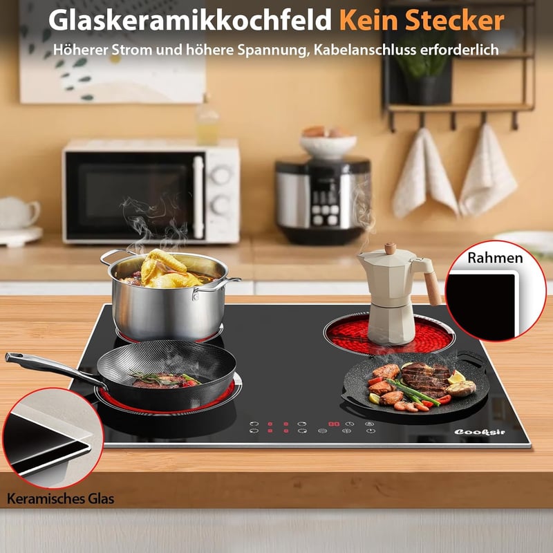 Cooksir 60 cm-es beépíthető üvegkerámia főzőlap 4 égővel, 6000W, rozsdamentes acél