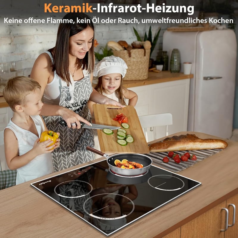Cooksir 60 cm-es beépíthető üvegkerámia főzőlap 4 égővel, 6000W, rozsdamentes acél