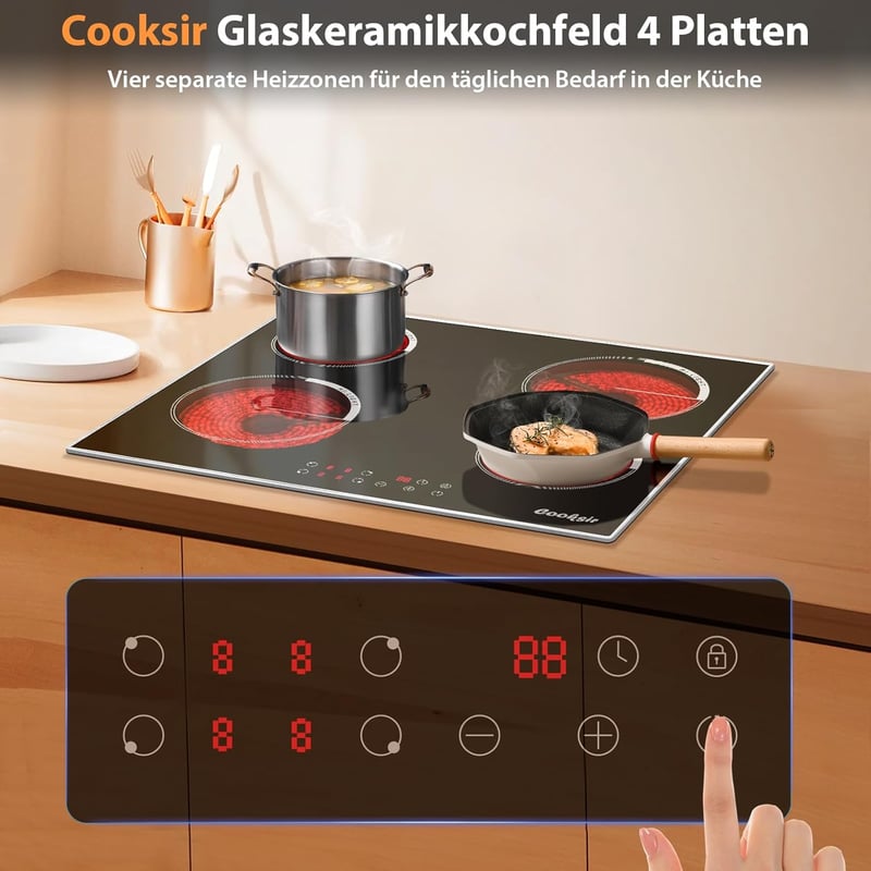 Cooksir 60 cm-es beépíthető üvegkerámia főzőlap 4 égővel, 6000W, rozsdamentes acél