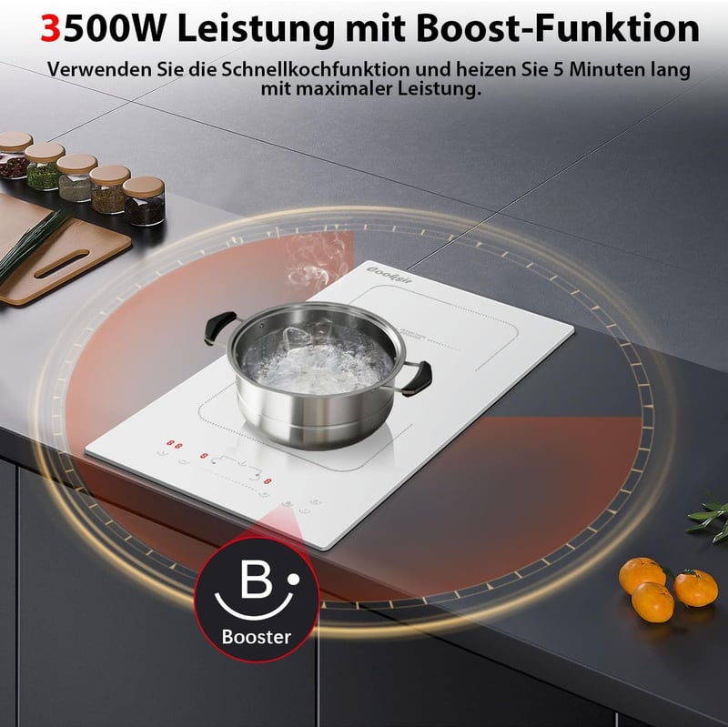 Cooksir Beépíthető Indukciós Főzőlap 2 Égővel, Fehér Kerámia, 3500W, 29cm