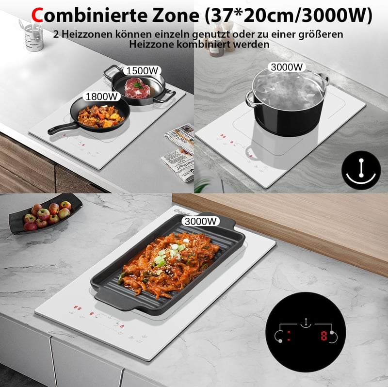 Cooksir Beépíthető Indukciós Főzőlap 2 Égővel, Fehér Kerámia, 3500W, 29cm