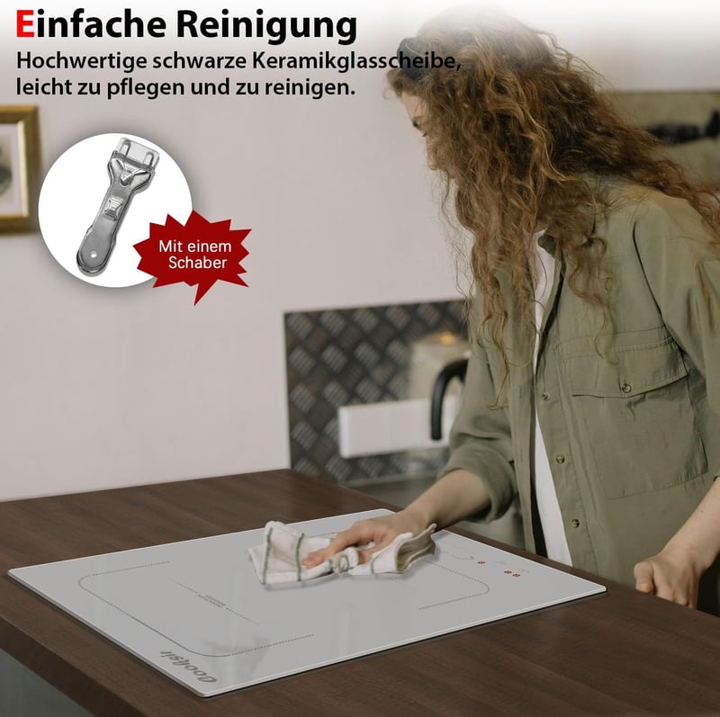 Cooksir Beépíthető Indukciós Főzőlap 2 Égővel, Fehér Kerámia, 3500W, 29cm
