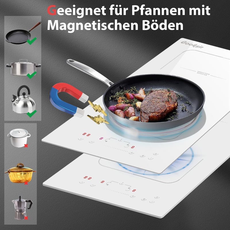 Cooksir Beépíthető Indukciós Főzőlap 2 Égővel, Fehér Kerámia, 3500W, 29cm