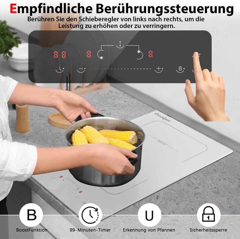 Cooksir Beépíthető Indukciós Főzőlap 2 Égővel, Fehér Kerámia, 3500W, 29cm