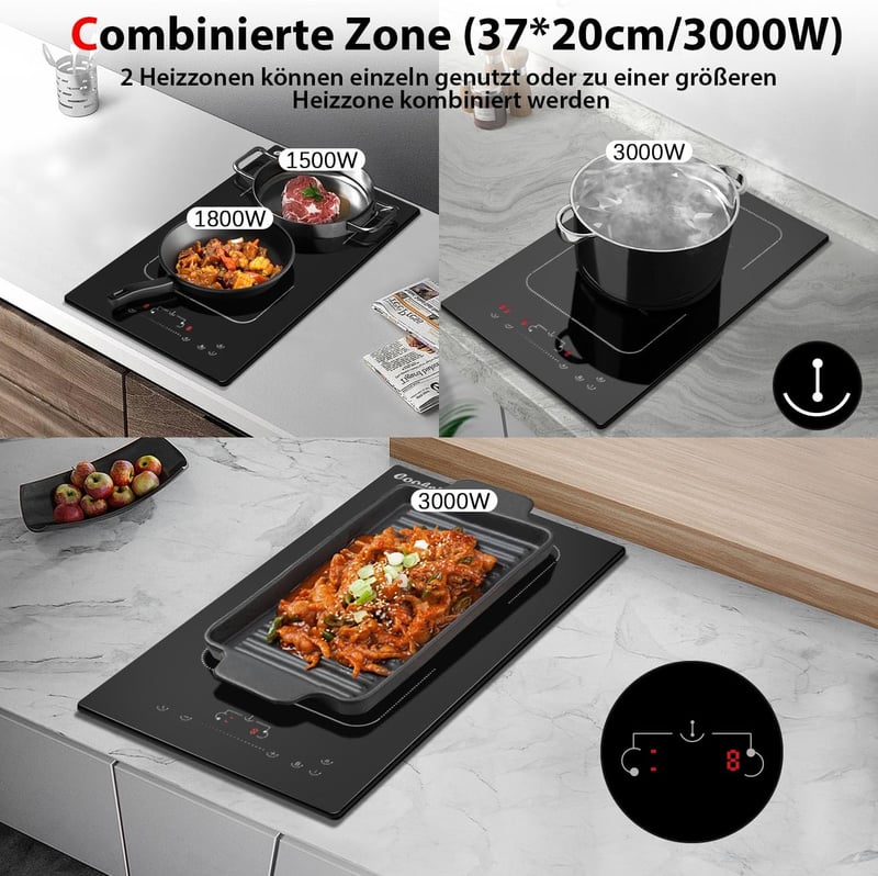 Cooksir Indukciós Főzőlap 2 Zónával - 3500W Teljesítmény, 29cm Beépíthető, Flexibilis Kombinált Zóna, Érintőgombos Vezérlés, Biztonsági Zár