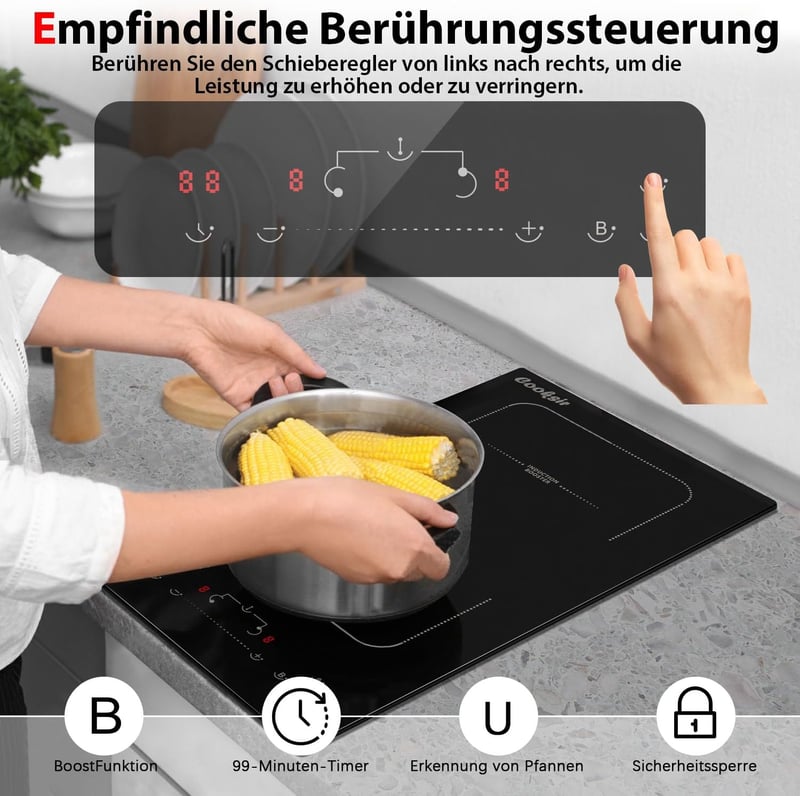 Cooksir Indukciós Főzőlap 2 Zónával - 3500W Teljesítmény, 29cm Beépíthető, Flexibilis Kombinált Zóna, Érintőgombos Vezérlés, Biztonsági Zár