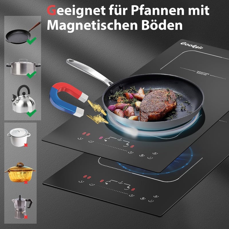 Cooksir Indukciós Főzőlap 2 Zónával - 3500W Teljesítmény, 29cm Beépíthető, Flexibilis Kombinált Zóna, Érintőgombos Vezérlés, Biztonsági Zár