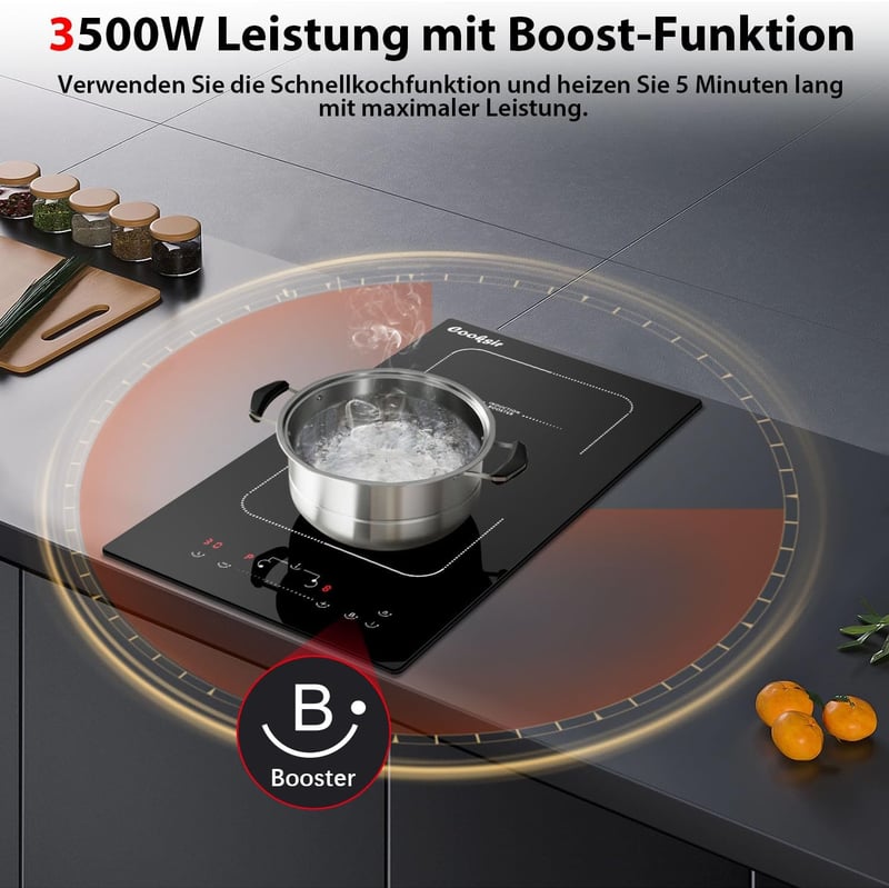 Cooksir Indukciós Főzőlap 2 Zónával - 3500W Teljesítmény, 29cm Beépíthető, Flexibilis Kombinált Zóna, Érintőgombos Vezérlés, Biztonsági Zár
