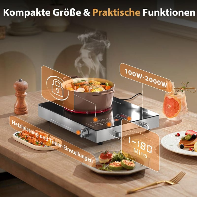 Cooksir üvegkerámia főzőlap 1 égővel, hordozható, érintésvezérlés