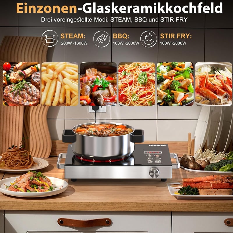 Cooksir üvegkerámia főzőlap 1 égővel, hordozható, érintésvezérlés