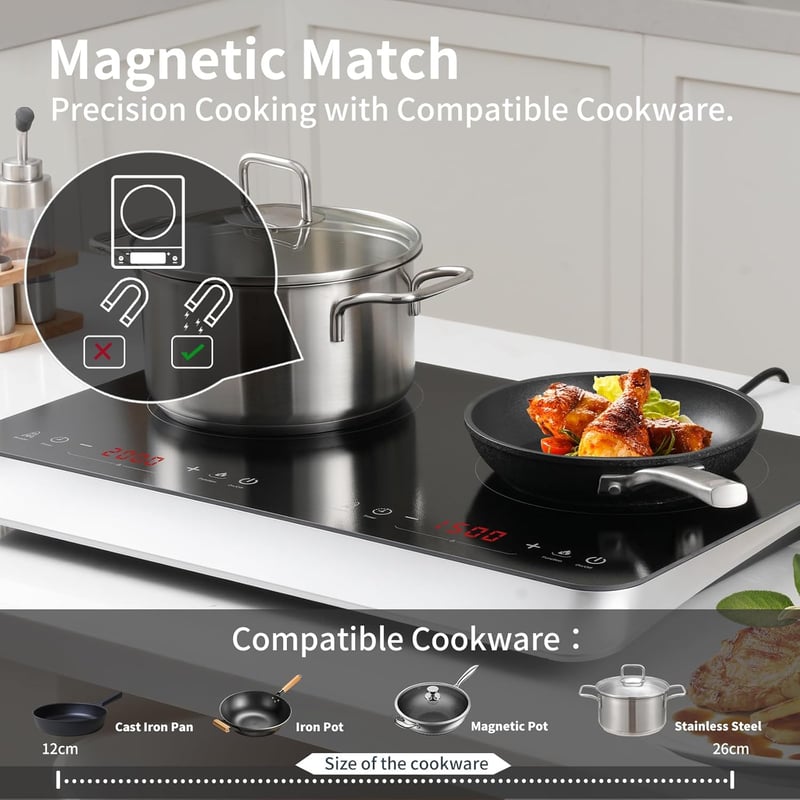 COOKTRON Dupla Indukciós Főzőlap 3500W, 10 Hőfok, 9 Teljesítményszint, Booster Funkció