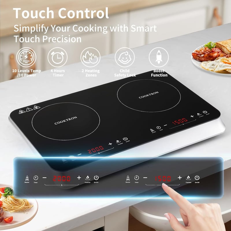 COOKTRON Dupla Indukciós Főzőlap 3500W, 10 Hőfok, 9 Teljesítményszint, Booster Funkció
