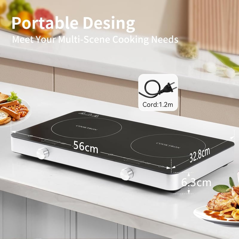 COOKTRON Dupla Indukciós Főzőlap 3500W - 2 Zónás Hordozható Tűzhely Érintésvezérléssel, 10 Hőfokszinttel és Időzítővel, Otthoni és Kempingez - Button and touch