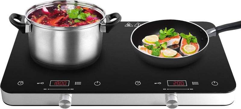 COOKTRON Dupla Indukciós Főzőlap 3500W - 2 Zónás Hordozható Tűzhely Érintésvezérléssel, 10 Hőfokszinttel és Időzítővel, Otthoni és Kempingez - Button and touch