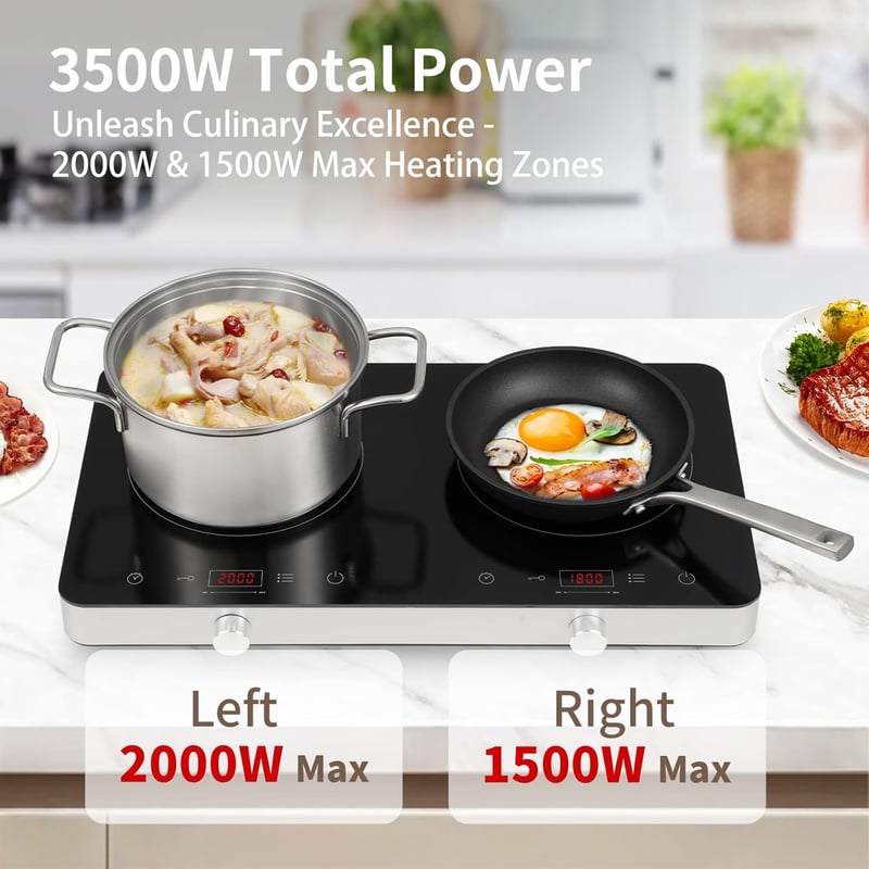 COOKTRON Dupla Indukciós Főzőlap 3500W - 2 Zónás Hordozható Tűzhely Érintésvezérléssel, 10 Hőfokszinttel és Időzítővel, Otthoni és Kempingez - Button and touch