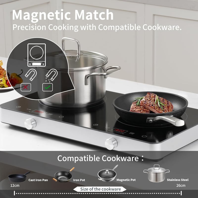 COOKTRON Dupla Indukciós Főzőlap 3500W - 2 Zónás Hordozható Tűzhely Érintésvezérléssel, 10 Hőfokszinttel és Időzítővel, Otthoni és Kempingez - Button and touch