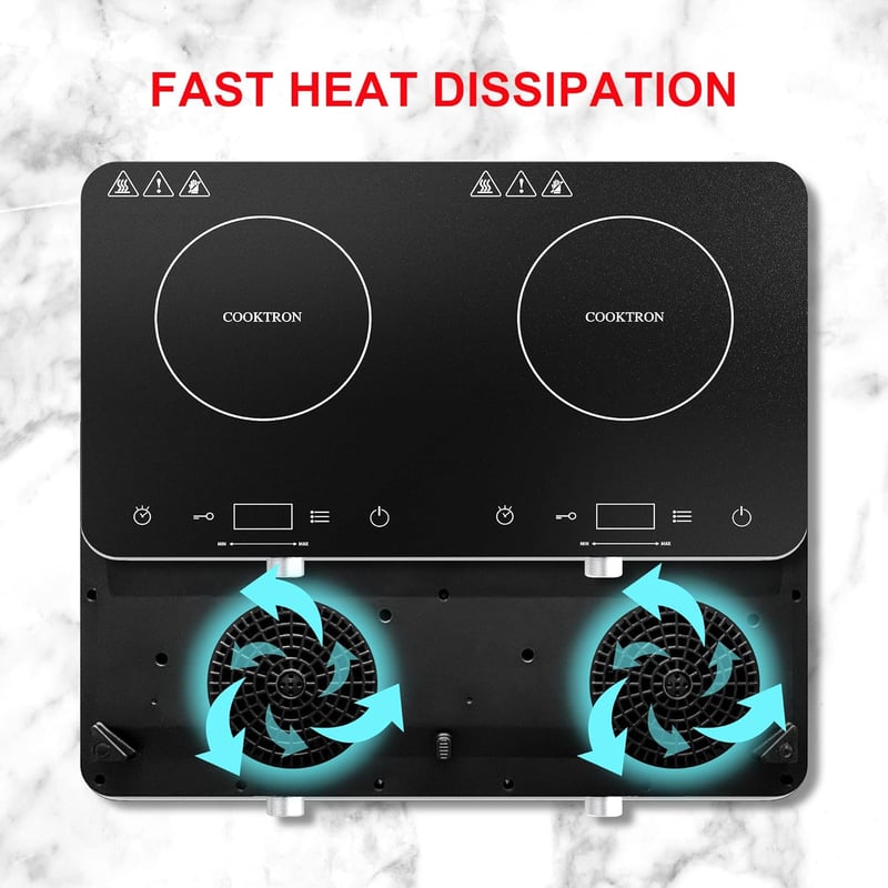 COOKTRON Dupla Indukciós Főzőlap 3500W - 2 Zónás Hordozható Tűzhely Érintésvezérléssel, 10 Hőfokszinttel és Időzítővel, Otthoni és Kempingez - Button and touch
