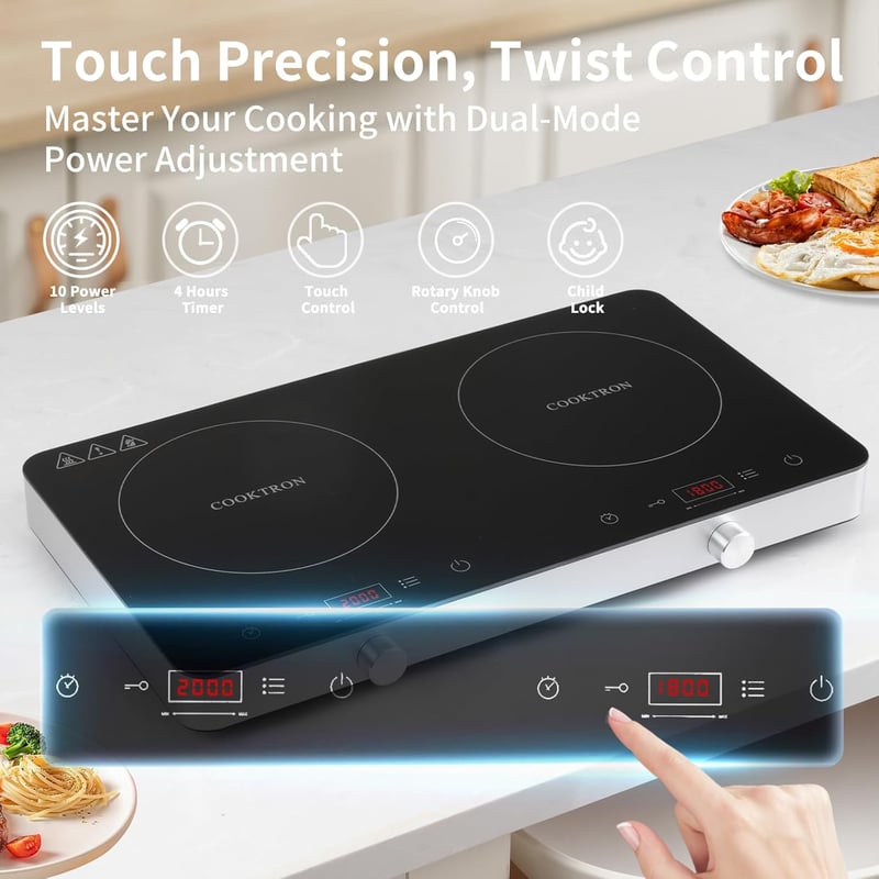 COOKTRON Dupla Indukciós Főzőlap 3500W - 2 Zónás Hordozható Tűzhely Érintésvezérléssel, 10 Hőfokszinttel és Időzítővel, Otthoni és Kempingez - Button and touch