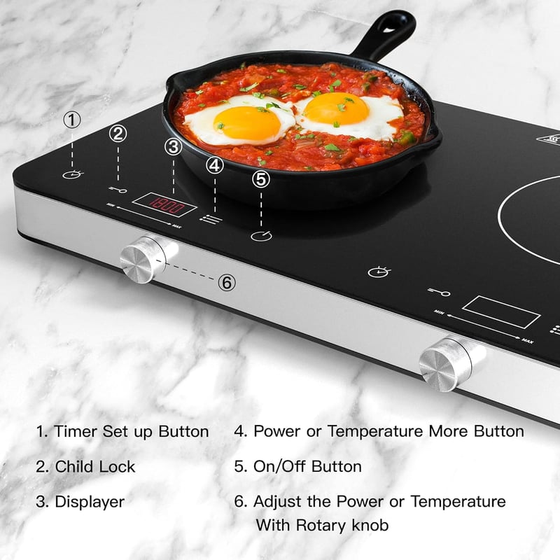COOKTRON Dupla Indukciós Főzőlap 3500W - 2 Zónás Hordozható Tűzhely Érintésvezérléssel, 10 Hőfokszinttel és Időzítővel, Otthoni és Kempingez - Button and touch