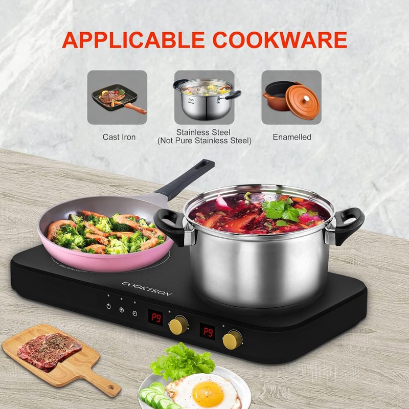 COOKTRON Hordozható Indukciós Főzőlap 2 égővel, Öntöttvas Grillserpenyő, 2800W, Gyermekzár