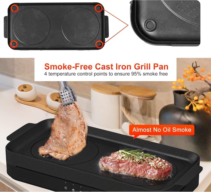 COOKTRON Hordozható Indukciós Főzőlap 2 égővel, Öntöttvas Grillserpenyő, 2800W, Gyermekzár
