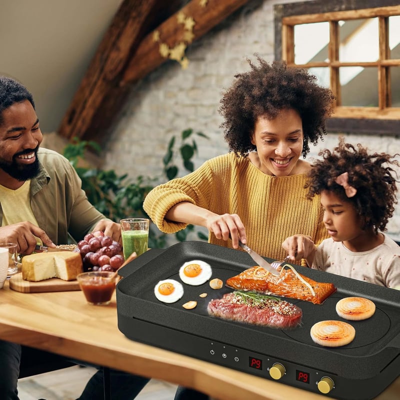 COOKTRON Hordozható Indukciós Főzőlap 2 égővel, Öntöttvas Grillserpenyő, 2800W, Gyermekzár