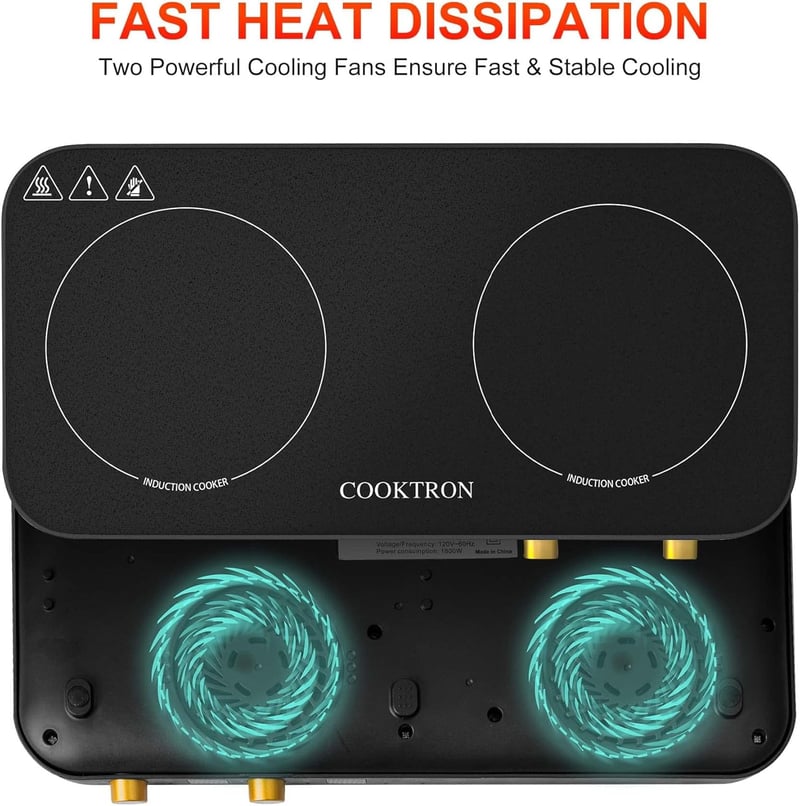 COOKTRON Hordozható Indukciós Főzőlap 2 égővel, Öntöttvas Grillserpenyő, 2800W, Gyermekzár