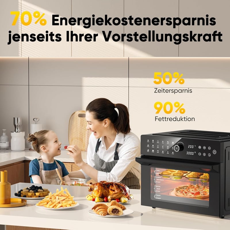 Cookwise 30L XXL Forrólevegős Sütő LED Érintőképernyővel - 1800W Mini Sütő 20 Programmal, Kettős Főzési Móddal, Olaj Nélküli Légkeveréses Te