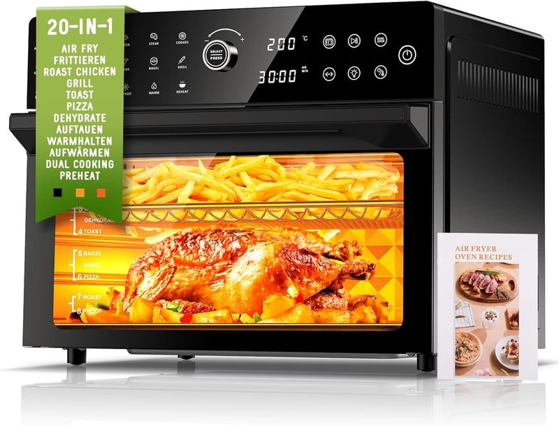Cookwise 30L XXL Forrólevegős Sütő LED Érintőképernyővel - 1800W Mini Sütő 20 Programmal, Kettős Főzési Móddal, Olaj Nélküli Légkeveréses Te