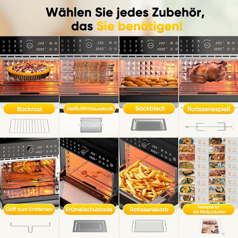 Cookwise 30L XXL Forrólevegős Sütő LED Érintőképernyővel - 1800W Mini Sütő 20 Programmal, Kettős Főzési Móddal, Olaj Nélküli Légkeveréses Te