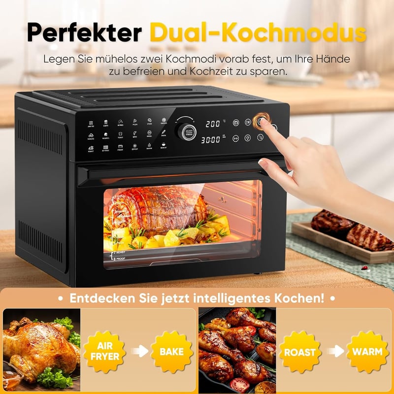 Cookwise 30L XXL Forrólevegős Sütő LED Érintőképernyővel - 1800W Mini Sütő 20 Programmal, Kettős Főzési Móddal, Olaj Nélküli Légkeveréses Te