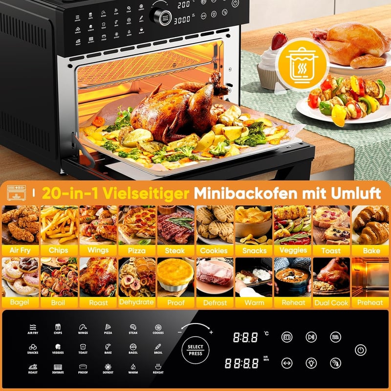 Cookwise 30L XXL Forrólevegős Sütő LED Érintőképernyővel - 1800W Mini Sütő 20 Programmal, Kettős Főzési Móddal, Olaj Nélküli Légkeveréses Te
