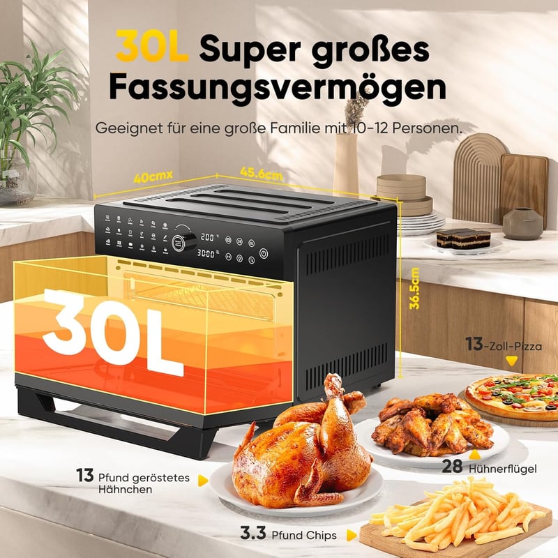 Cookwise 30L XXL Forrólevegős Sütő LED Érintőképernyővel - 1800W Mini Sütő 20 Programmal, Kettős Főzési Móddal, Olaj Nélküli Légkeveréses Te