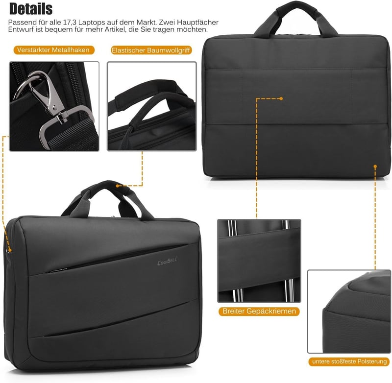 CoolBELL 17.3" Laptop Táska Fekete, Multifunkcionális Üzleti Messenger Táska