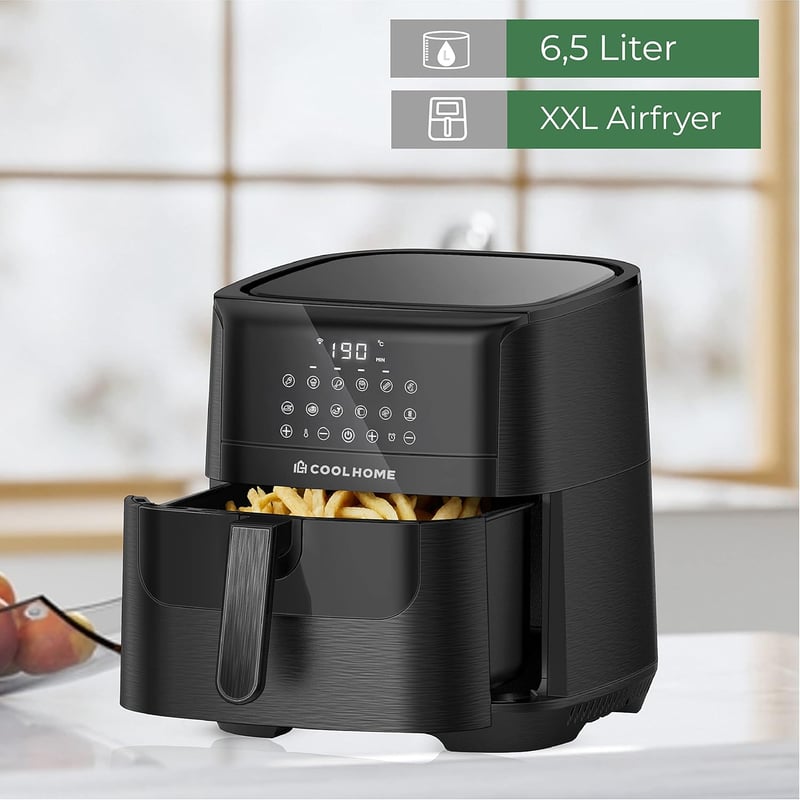 CoolHome AF23 XXL Deluxe Forrólevegős Sütő - 6,5 Literes Kerámia Bevonatú Airfryer - Előre Beállított Programokkal - Fekete