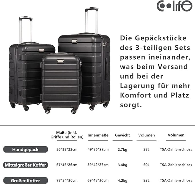 COOLIFE Kemény Héjú Bőrönd 93L - Citromsárga Gurulós Utazóbőrönd TSA-Zárral, 4 Kerékkel, ABS Anyagból, Unisex Kivitel
