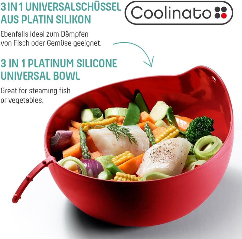 Coolinato 3 az 1-ben szilikon univerzális tál Piros 24 cm sütéshez keveréshez gőzöléshez 230 C-ig hőálló