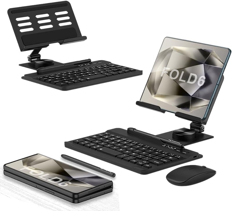 COQUE Galaxy Z Fold 7/6/5/4/3 mobil iroda billentyűzet készlet telefontartó forgatós szárral, stylus ceruzával, vezeték nélküli egérrel, fek