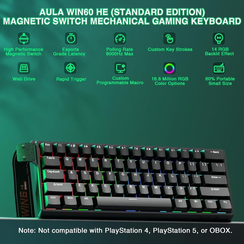 CORBOBO WIN60 HE vezetékes 60% mechanikus gamer billentyűzet mágneses switch hot swap RGB 8000 Hz rapid trigger PC fekete